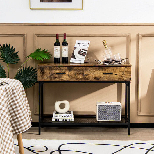 2 Drawers Industrial Console Table with Steel Frame for Small Space-Rustic Brown - Free Shipping