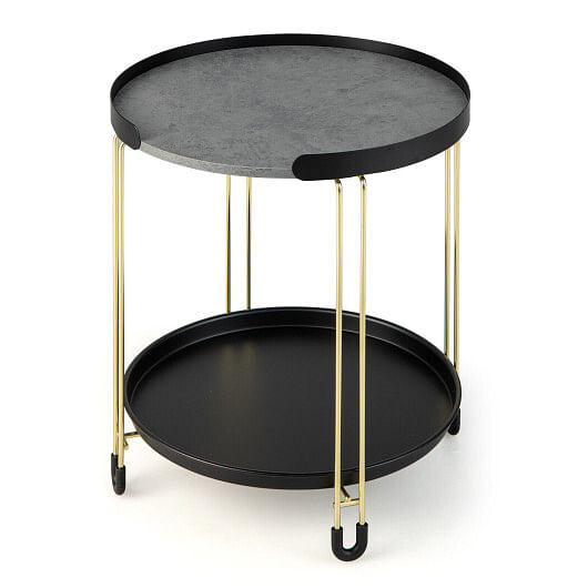 2-Tier Round Side Table with Removable Tray and Metal Frame for Small Space-Golden - Free Shipping 