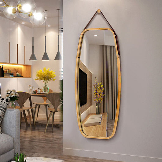 Modern Wall Mirror with Bamboo Frame and Adjustable Leather Strap - Free Shipping