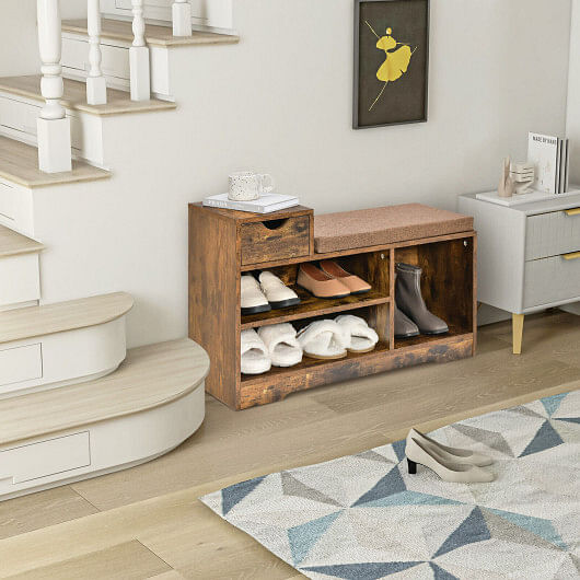 Entryway Storage Shoe Bench with 1 Storage Drawer and 3 Open Compartments-Rustic Brown - Free Shipping 