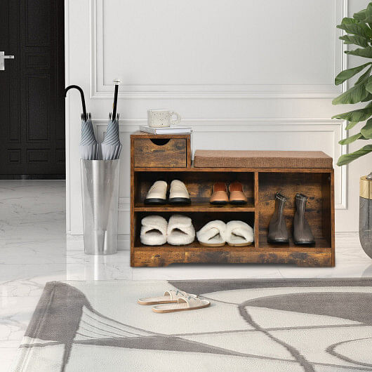 Entryway Storage Shoe Bench with 1 Storage Drawer and 3 Open Compartments-Rustic Brown - Free Shipping 