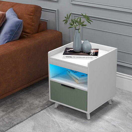 Modern Nightstand with LED Lights Sliding Drawer and Open Compartment-White - Free Shipping 