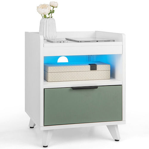 Modern Nightstand with LED Lights Sliding Drawer and Open Compartment-White - Free Shipping