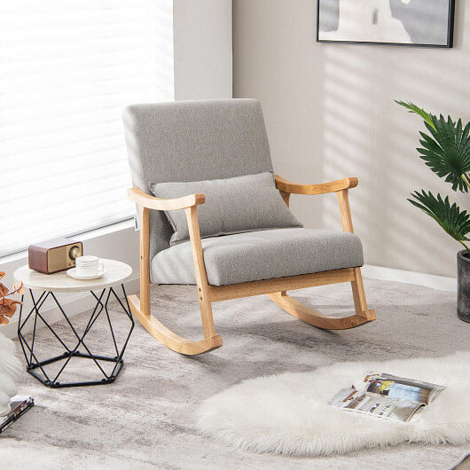 Upholstered Rocking Chair with Pillow and Rubber Wood Frame-Gray - Free Shipping