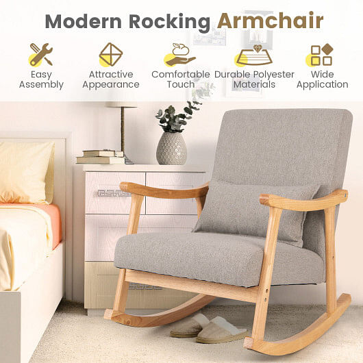 Upholstered Rocking Chair with Pillow and Rubber Wood Frame-Gray - Free Shipping