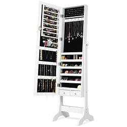 Lockable Mirrored Jewelry Cabinet Armoire Storage Organizer Box-White - Free Shipping 
