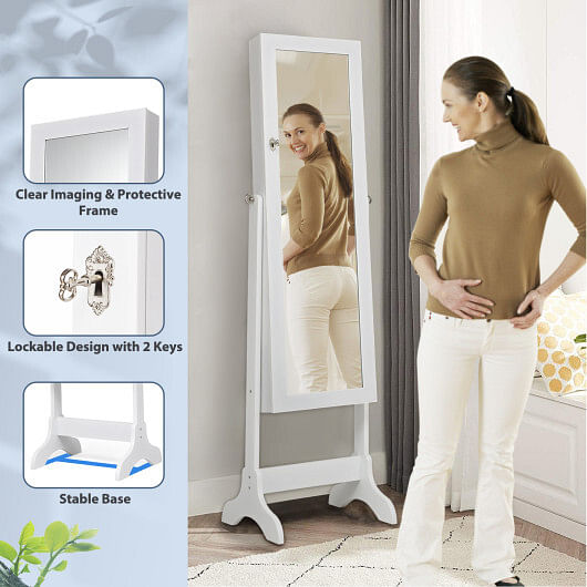 Lockable Mirrored Jewelry Cabinet Armoire Storage Organizer Box-White - Free Shipping 