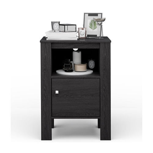 Compact Floor Farmhouse Nightstand with Open Shelf and Cabinet-Dark Gray - Free Shipping