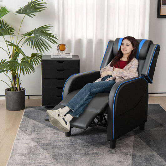 PU Leather Massage Gaming Recliner Chair with Side Pockets-Blue - Free Shipping 