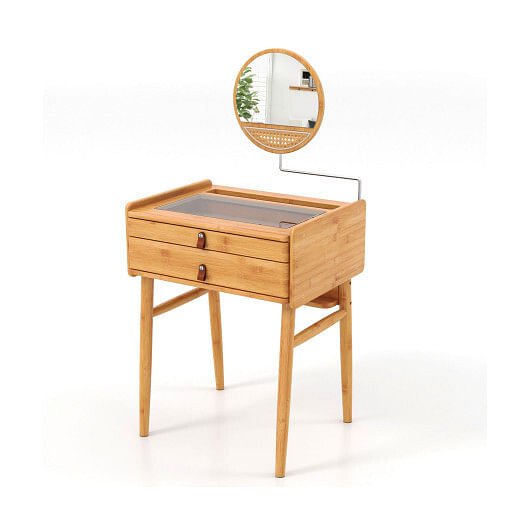 Bamboo Makeup Vanity Table with Mirror with 2 Storage Drawers-Natural - Free Shipping 