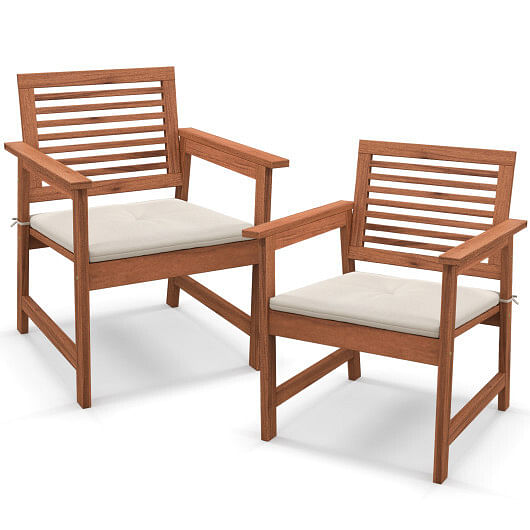 Set of 2 Patio Solid Wood Dining Chairs with Cushions and Slatted Seat - Free Shipping 