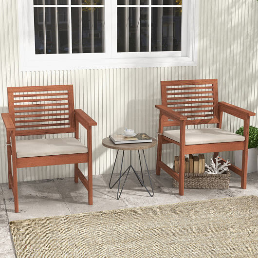 Set of 2 Patio Solid Wood Dining Chairs with Cushions and Slatted Seat - Free Shipping