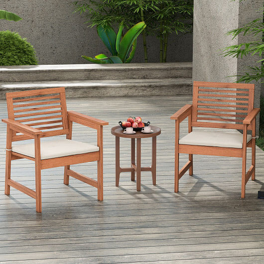 Set of 2 Patio Solid Wood Dining Chairs with Cushions and Slatted Seat - Free Shipping