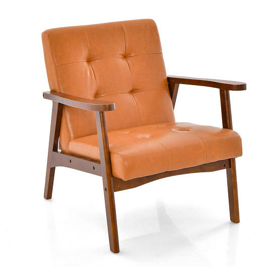 Mid Century Modern Accent Chair with Solid Rubber Wood Frame and Leather Cover-Brown - Free Shipping