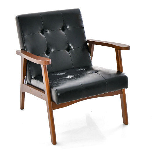 Mid Century Modern Accent Chair with Solid Rubber Wood Frame and Leather Cover-Brown - Free Shipping