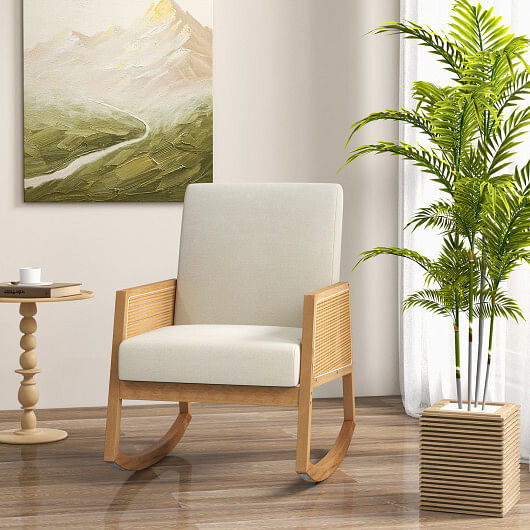 Rocking Chair with Rattan Armrests and Upholstered Cushion-Beige - Free Shipping 