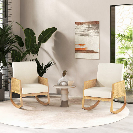 Rocking Chair with Rattan Armrests and Upholstered Cushion-Beige - Free Shipping 