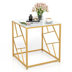 Square End Table with Tempered Glass Tabletop and Gold Finish Geometric Frame-Golden - Free Shipping