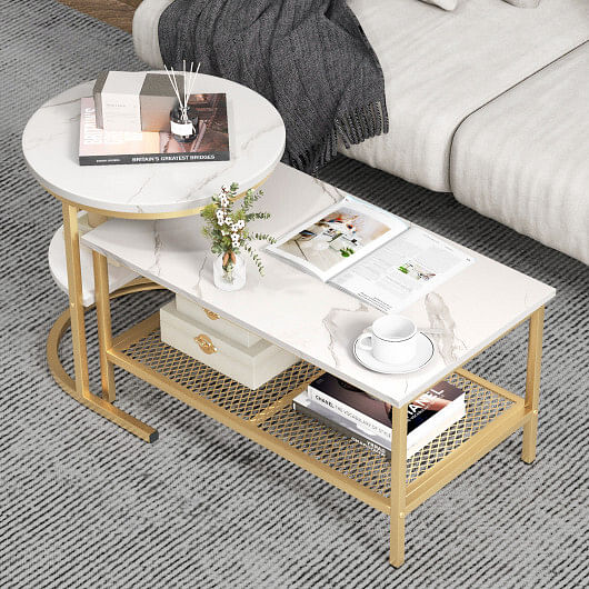 Set of 2 Nesting Coffee Table with Extra Storage Shelf for Living Room-Golden - Free Shipping 