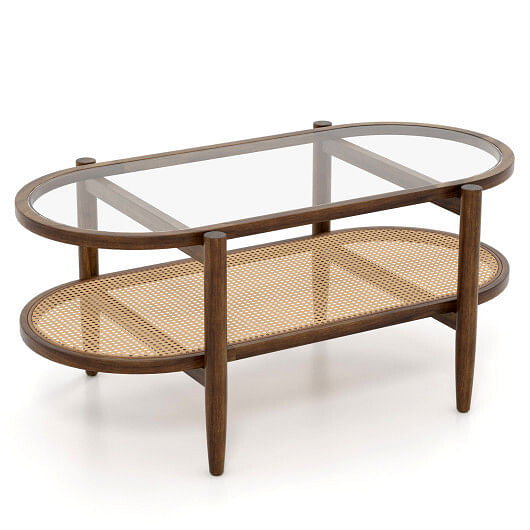2-Tier Coffee Table with Tempered Glass Tabletop and Acacia Wood Frame - Free Shipping 
