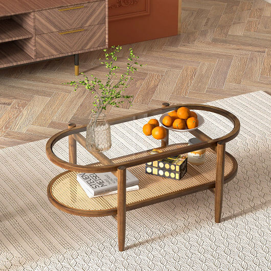 2-Tier Coffee Table with Tempered Glass Tabletop and Acacia Wood Frame - Free Shipping 