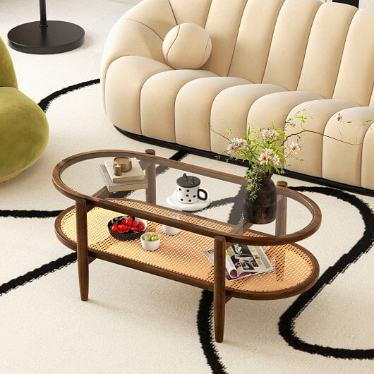 2-Tier Coffee Table with Tempered Glass Tabletop and Acacia Wood Frame - Free Shipping 