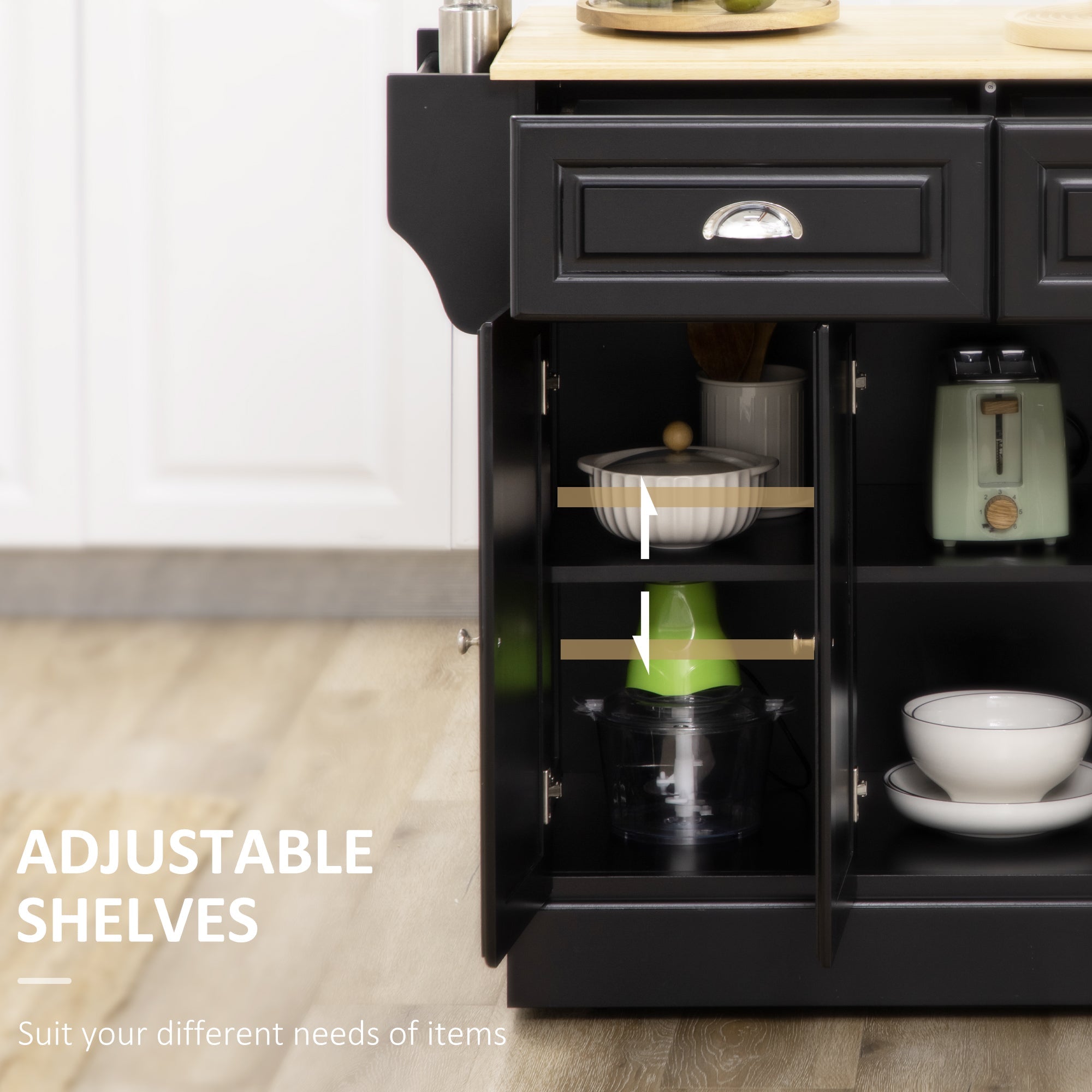 HOMCOM Kitchen Island Cart Wood Top Towel Rack Drawer Cabinet Black Mobile Furniture Prep Station 