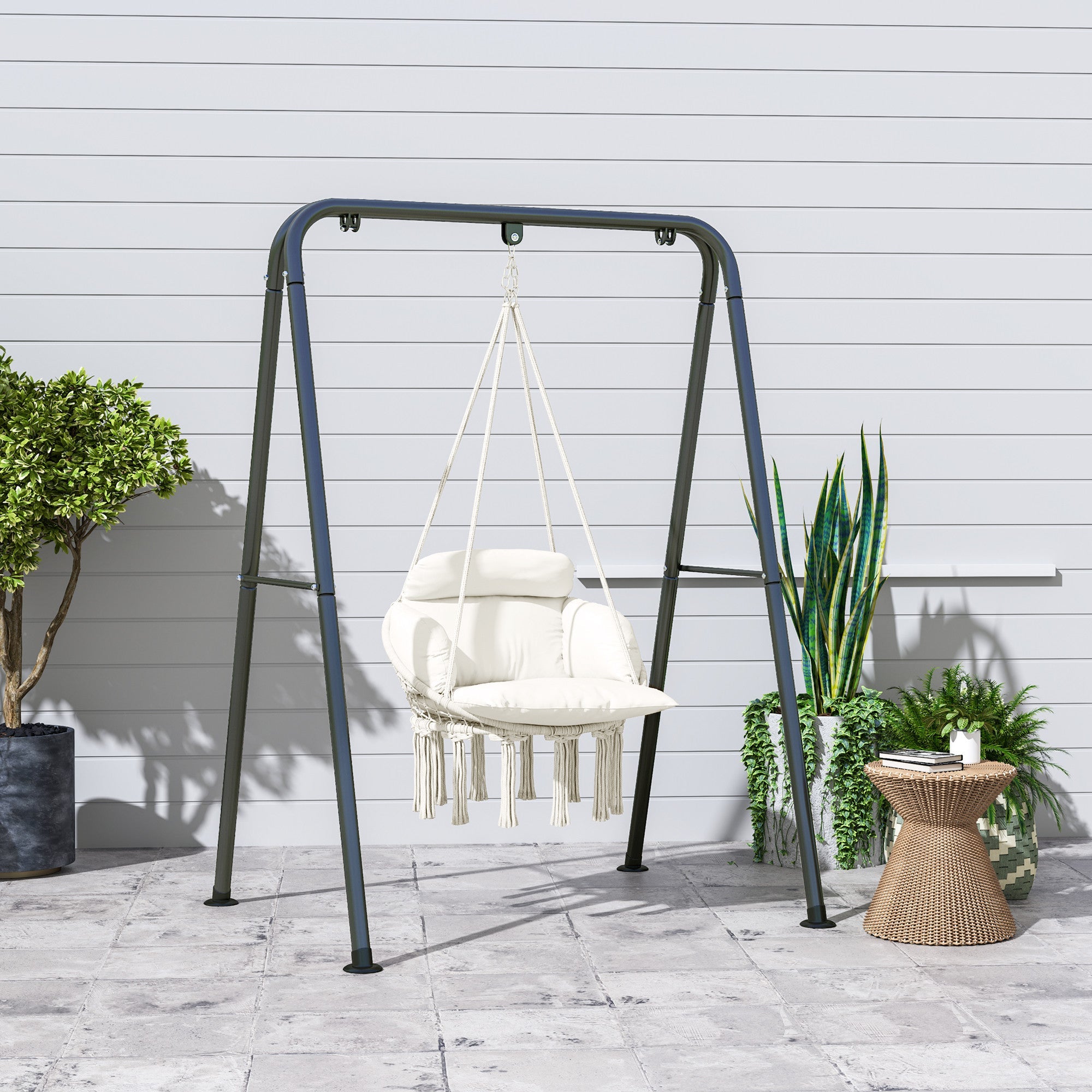 Outsunny Boho Hammock Chair Swing Hanging Chair with Cushion, Chain, Steel Frame for Indoor Outdoor Bedroom Patio Balcony, Cream 