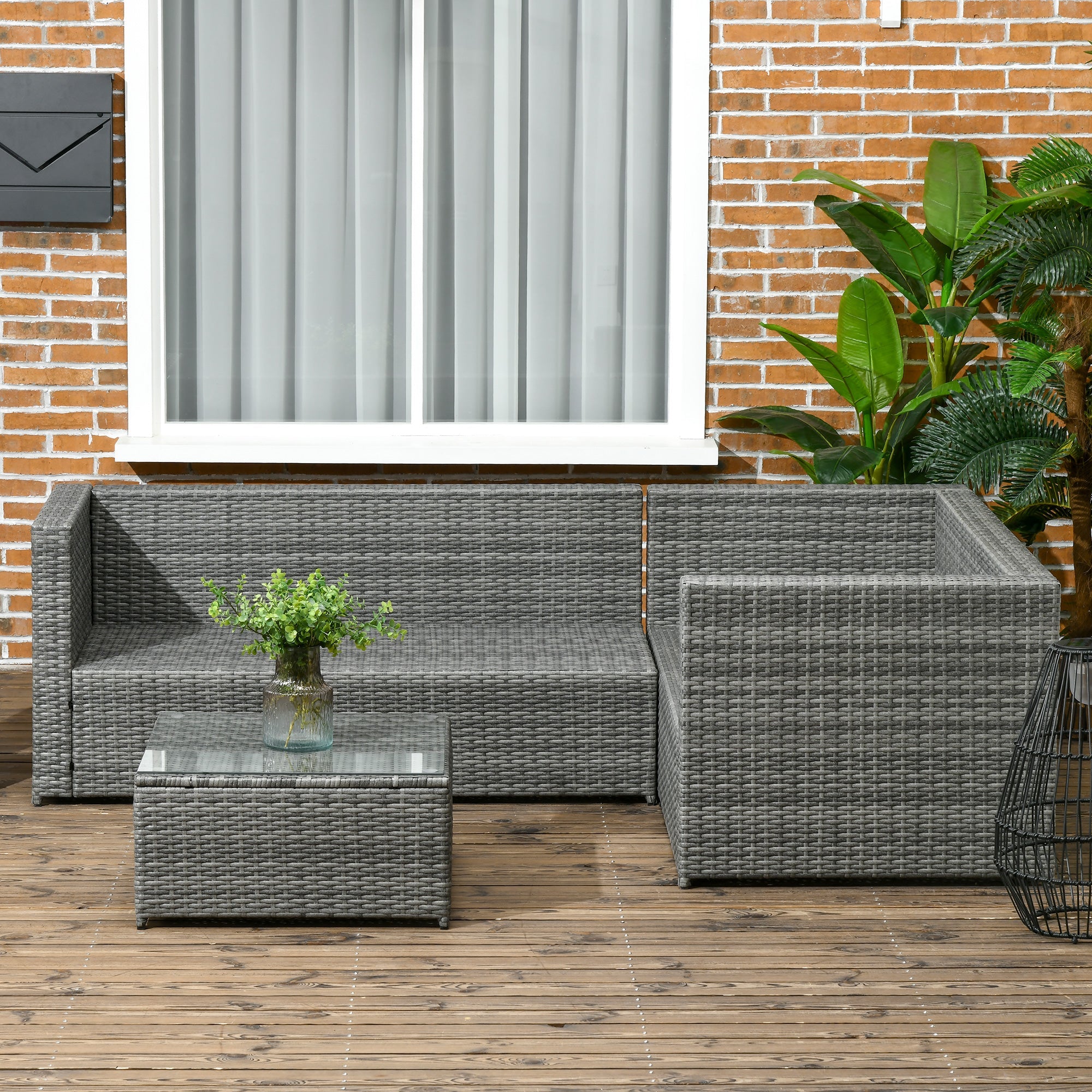 Outsunny 3-Piece Rattan Wicker Patio Set, Grey Cushioned Outdoor Conversation Furniture with Loveseats, Coffee Table 