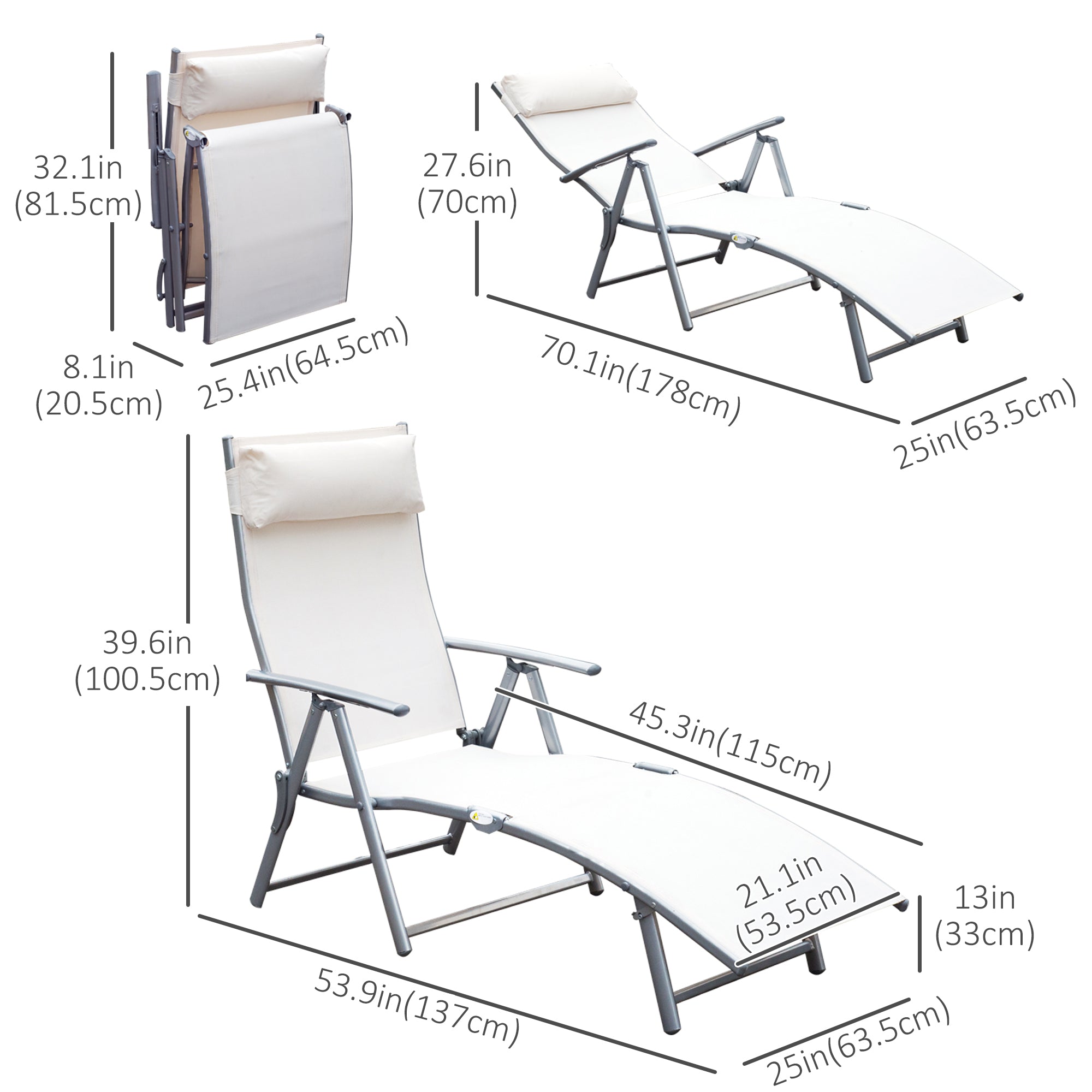 Outsunny Adjustable Reclining Patio Chaise Lounge Chair Tri-Fold Outdoor Garden Sun Lounger Cream 