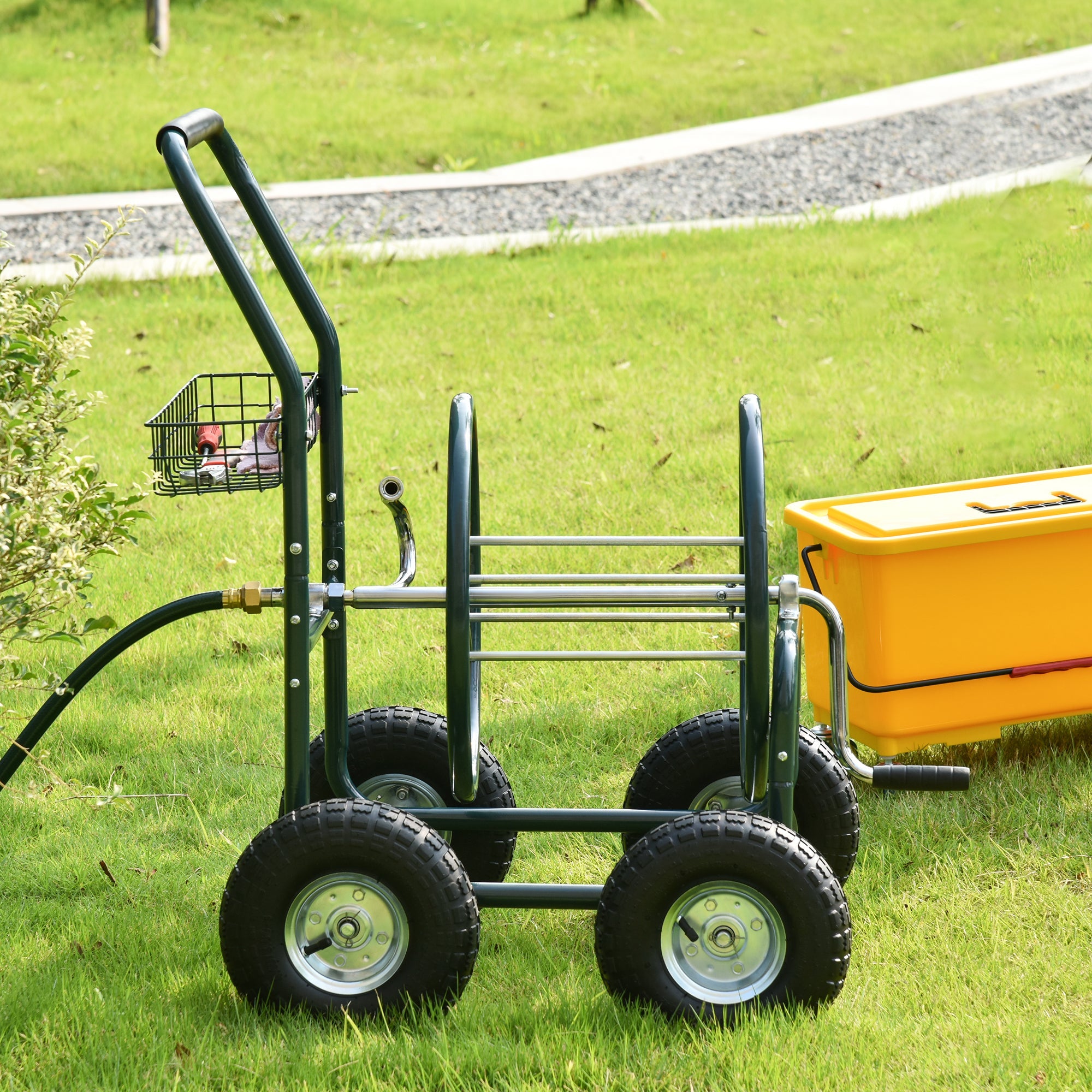 Outsunny Garden Hose Reel Cart, Portable Hose Organizer with Hose Guide System, 4 Wide Wheels & Storage Basket, Farm 