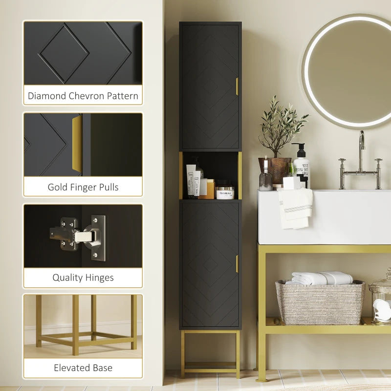 Tall Bathroom Storage Cabinet, Modern Narrow Bathroom Cabinet with Diamond Chevron Pattern and Adjustable Shelf, Black