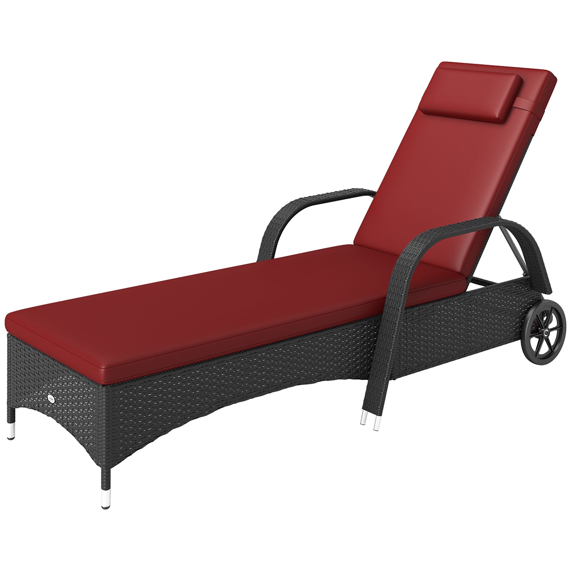 Outsunny Outdoor Lounger, Deck Lounge Chair with Headrest, 5-Level Adjustable, Backrest, Wheels, Deep Coffee and Wine Red 