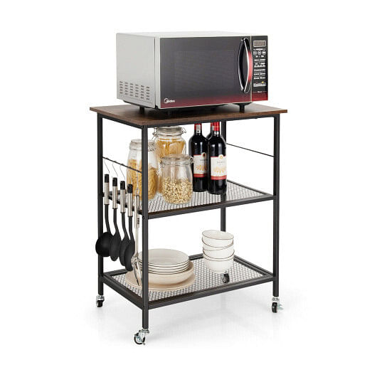 3-Tier Kitchen Serving Cart Utility Standing Microwave Rack with Hooks Brown - Free Shipping 