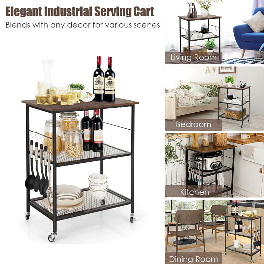 3-Tier Kitchen Serving Cart Utility Standing Microwave Rack with Hooks Brown - Free Shipping 