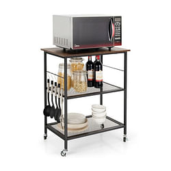 3-Tier Kitchen Serving Cart Utility Standing Microwave Rack with Hooks Brown - Free Shipping 