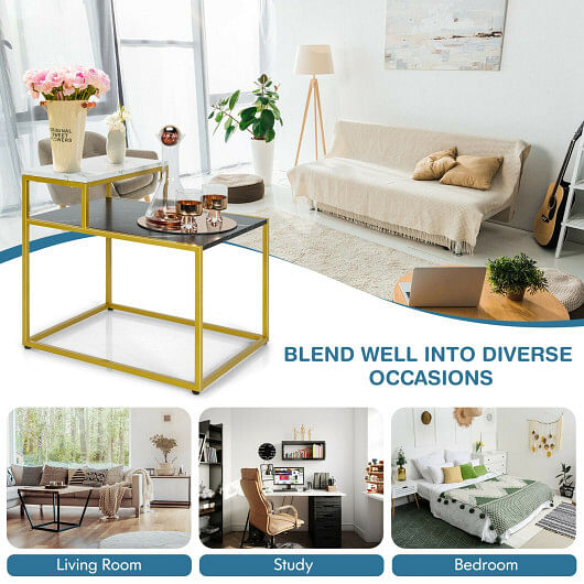 2 Tier End Side Table with  Metal Frame and Storage Shelf for Living Room-White - Free Shipping 