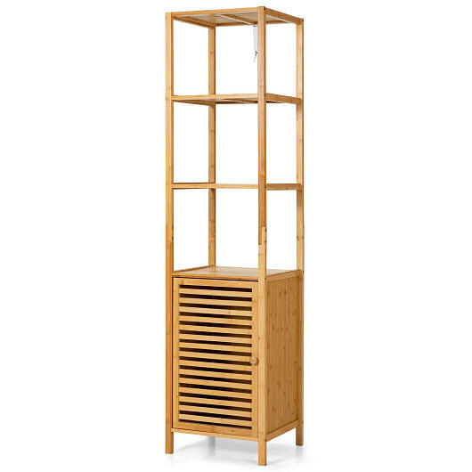 4 Tiers Slim Bamboo Floor Storage Cabinet with Shutter Door and Anti-Toppling Device-Natural - Free Shipping 