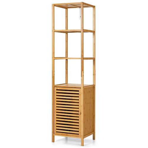 4 Tiers Slim Bamboo Floor Storage Cabinet with Shutter Door and Anti-Toppling Device-Natural - Free Shipping 