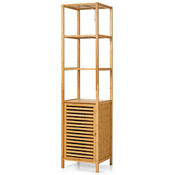 4 Tiers Slim Bamboo Floor Storage Cabinet with Shutter Door and Anti-Toppling Device-Natural - Free Shipping 