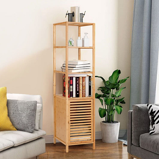 4 Tiers Slim Bamboo Floor Storage Cabinet with Shutter Door and Anti-Toppling Device-Natural - Free Shipping 