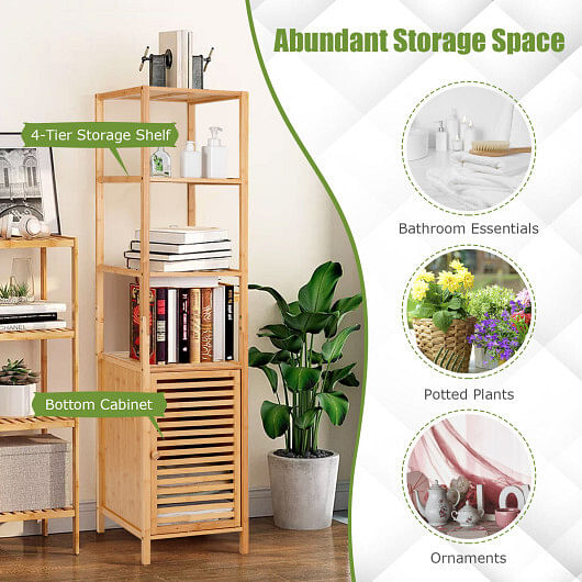 4 Tiers Slim Bamboo Floor Storage Cabinet with Shutter Door and Anti-Toppling Device-Natural - Free Shipping 