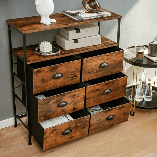 2-Tier Storage Chest with Wooden Top and 6 Fabric Drawers-Rustic Brown - Free Shipping 