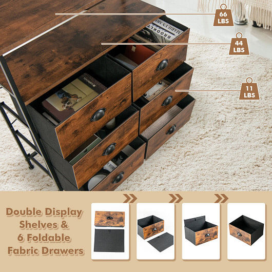 2-Tier Storage Chest with Wooden Top and 6 Fabric Drawers-Rustic Brown - Free Shipping 