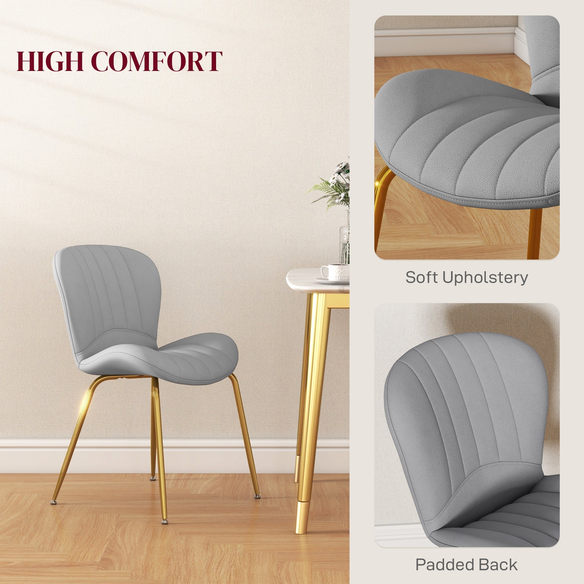 HOMCOM Dining Chairs Set of 2, Modern Accent Chair with Cushioned Backrest, Upholstery for Living Room, Grey 