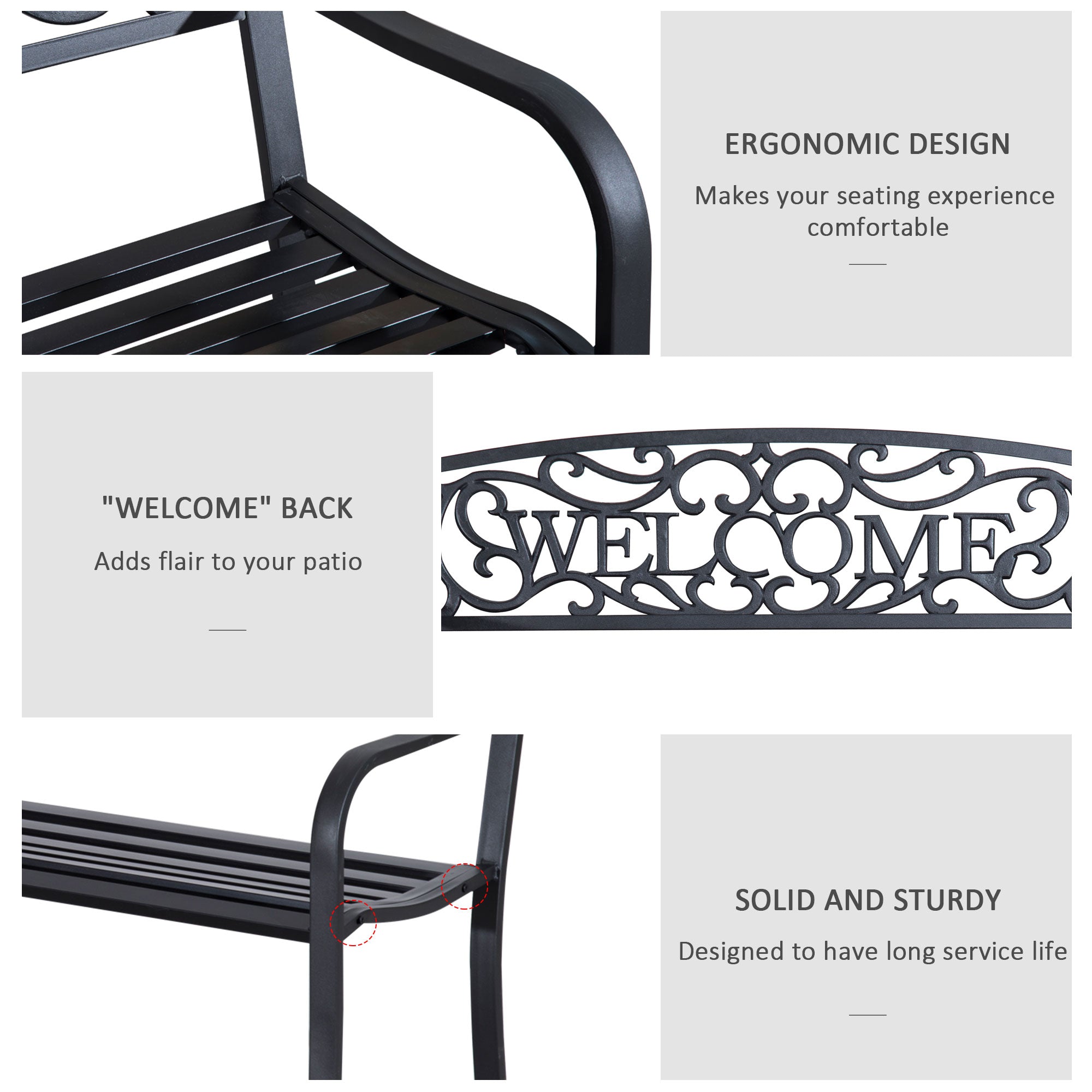 Outsunny Garden Bench 50" 2-Seater Patio Decorative Metal Loveseat Romantic Black 