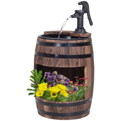Outsunny Barrel Water Fountain, Wooden Electric Outdoor Feature with Pump, Carbonized for Patio & Backyard 