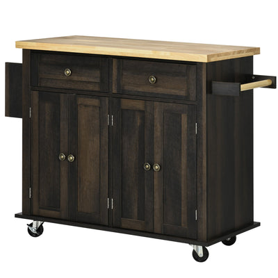 HOMCOM Rustic Kitchen Trolley: Rubber Wood Top, Spice Rack, Towel Rail for Functionality, Oak Brown 