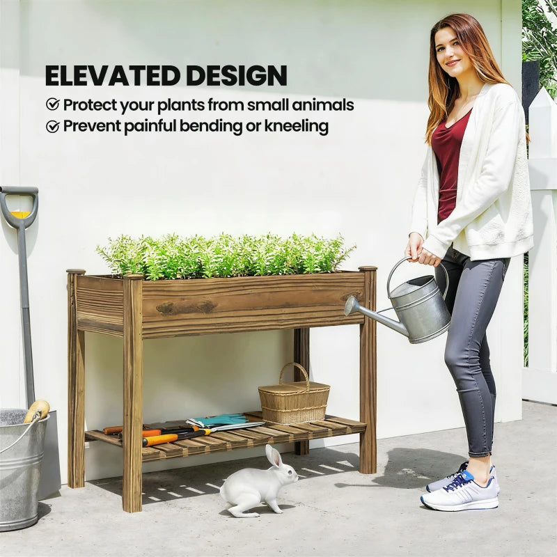Elevated Planter Box w/ Legs and Storage Shelf, Raised Garden Bed, Elevated Wooden Planter Box, Carbonized
