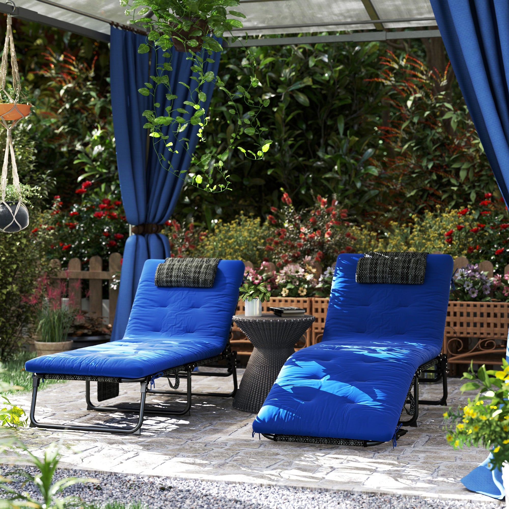 Outsunny 2 Pieces Folding Lounge Chairs with 4-level Reclining Back, Tanning Chair with Cushion, Sun Lounger with Breathable Mesh Fabric, Side Pocket, Headrest, Blue 